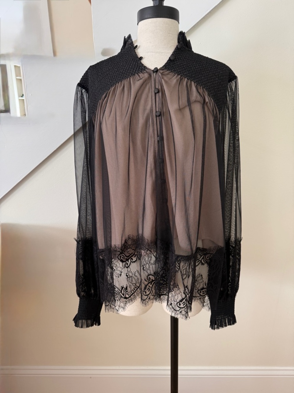 Sheer Black Lace-Trim Button Front Blouse - Women - Picture 3 of 5